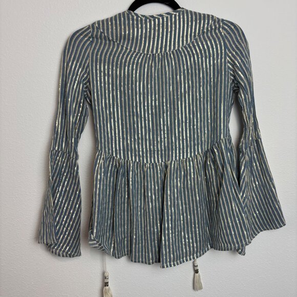 Altar'd State Striped Blue & Gold Metallic Peplum Blouse With Tassels Size S - Picture 5 of 7
